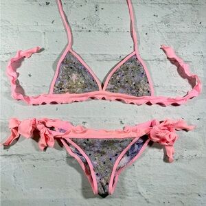 Sequin Lace Bikini with Pink Trim